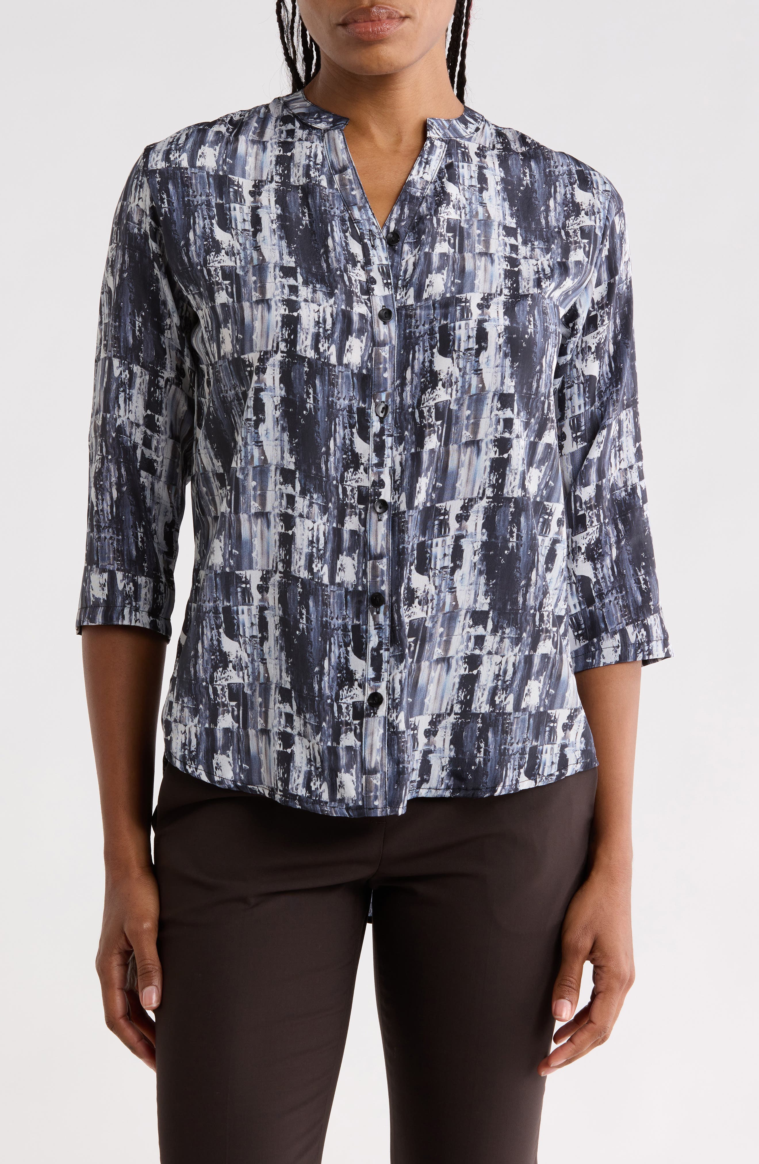 Apny Mandarin Collar Three-quarter Sleeve Button-up Shirt In Black/ White