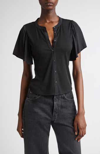 Ramy Brook Colette Mixed Media Flutter Sleeve Top