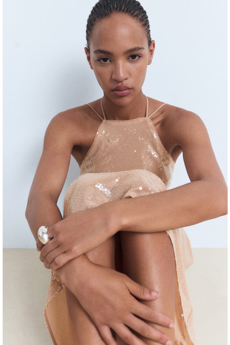 Sequin Halter Cocktail Dress, Alternate, color, BEIGE