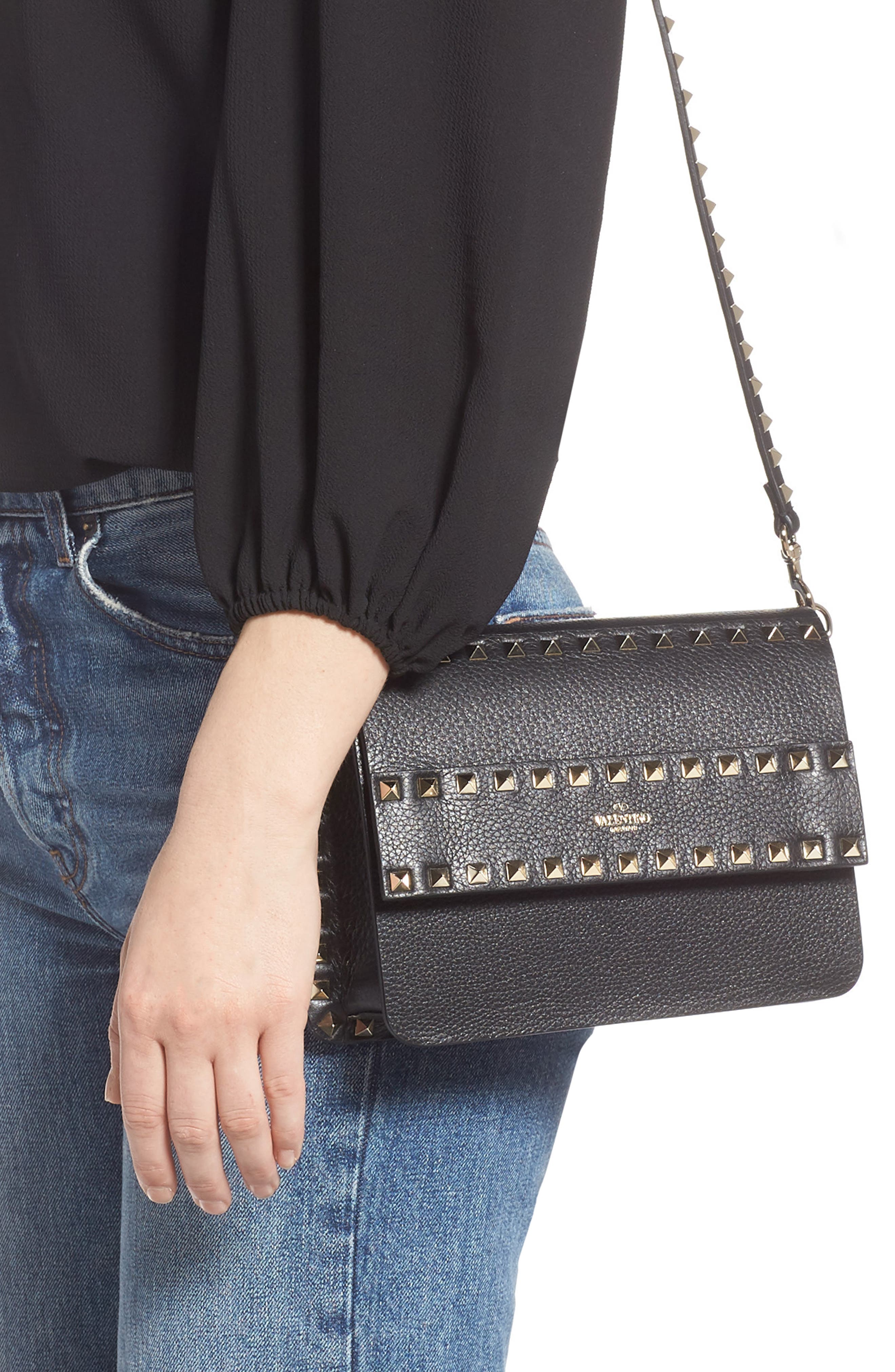 Small Rockstud Calfskin Leather Shoulder Bag, Alternate, color, NERO