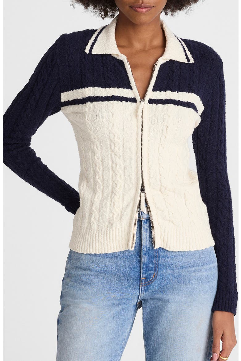 Colorblock Cable Knit Zip Cardigan, Main, color, NAVY AND IVORY COLORBLOCK