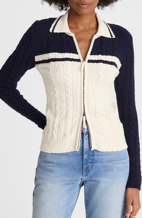 Colorblock Cable Knit Zip Cardigan