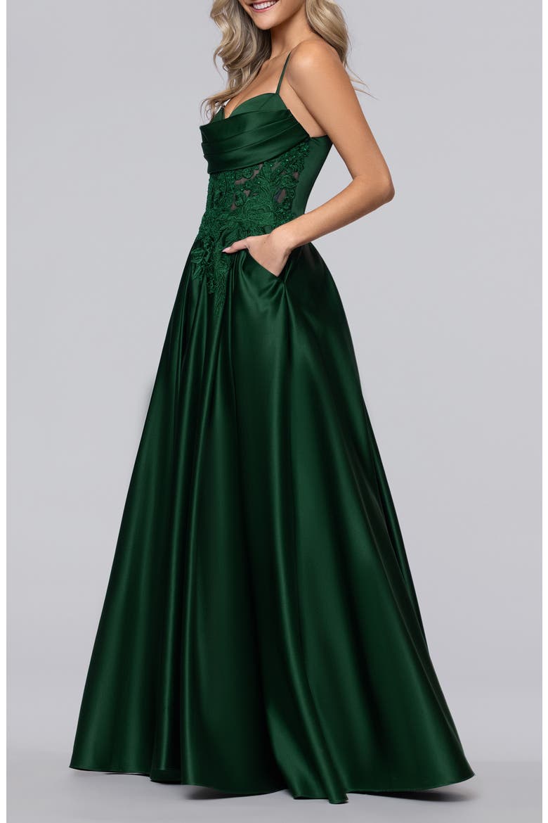 Sequin Lace Detail Satin Gown, Alternate, color, HUNTER