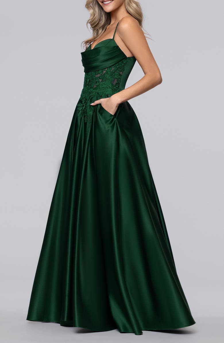 Blondie Nites Sequin Lace Detail Satin Gown, Alternate, color, Hunter