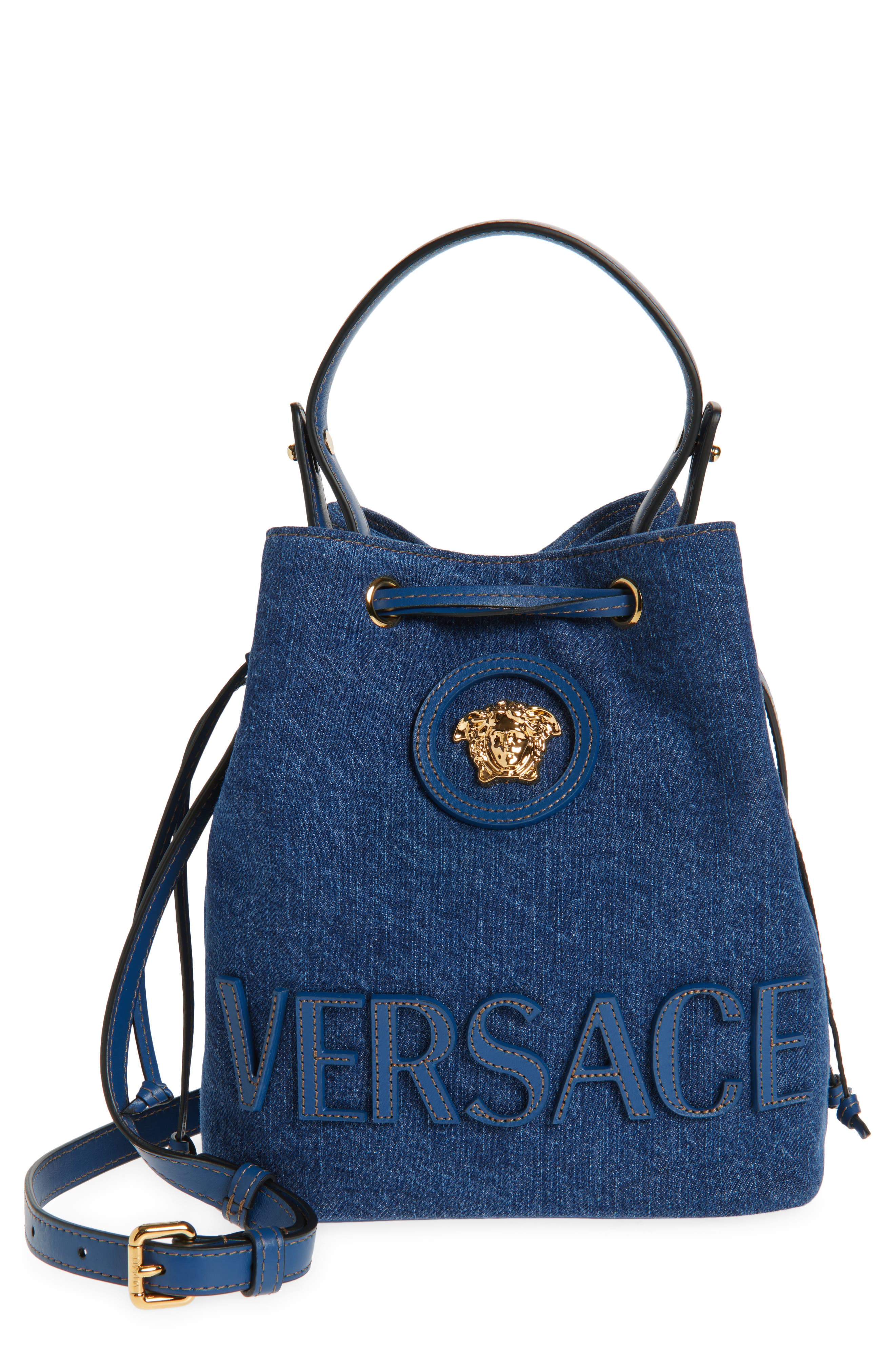 Versace La Medusa Denim Bucket Bag, Main, color, 