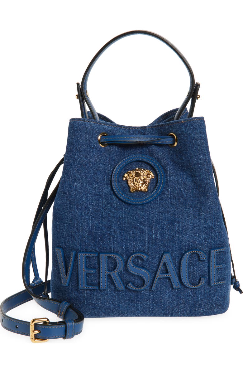 Versace La Medusa Denim Bucket Bag, Main, color,