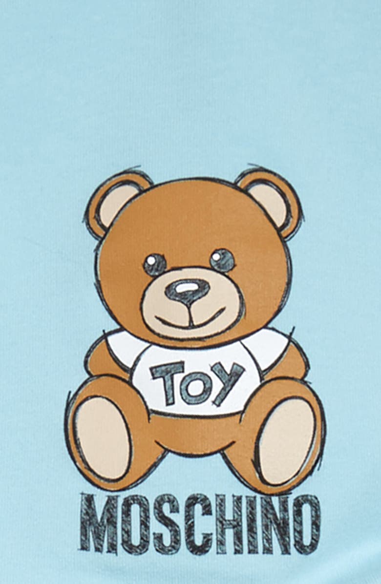 Moschino Toy Bear Graphic Romper, Socks, Cap & Bib Set, Alternate, color,