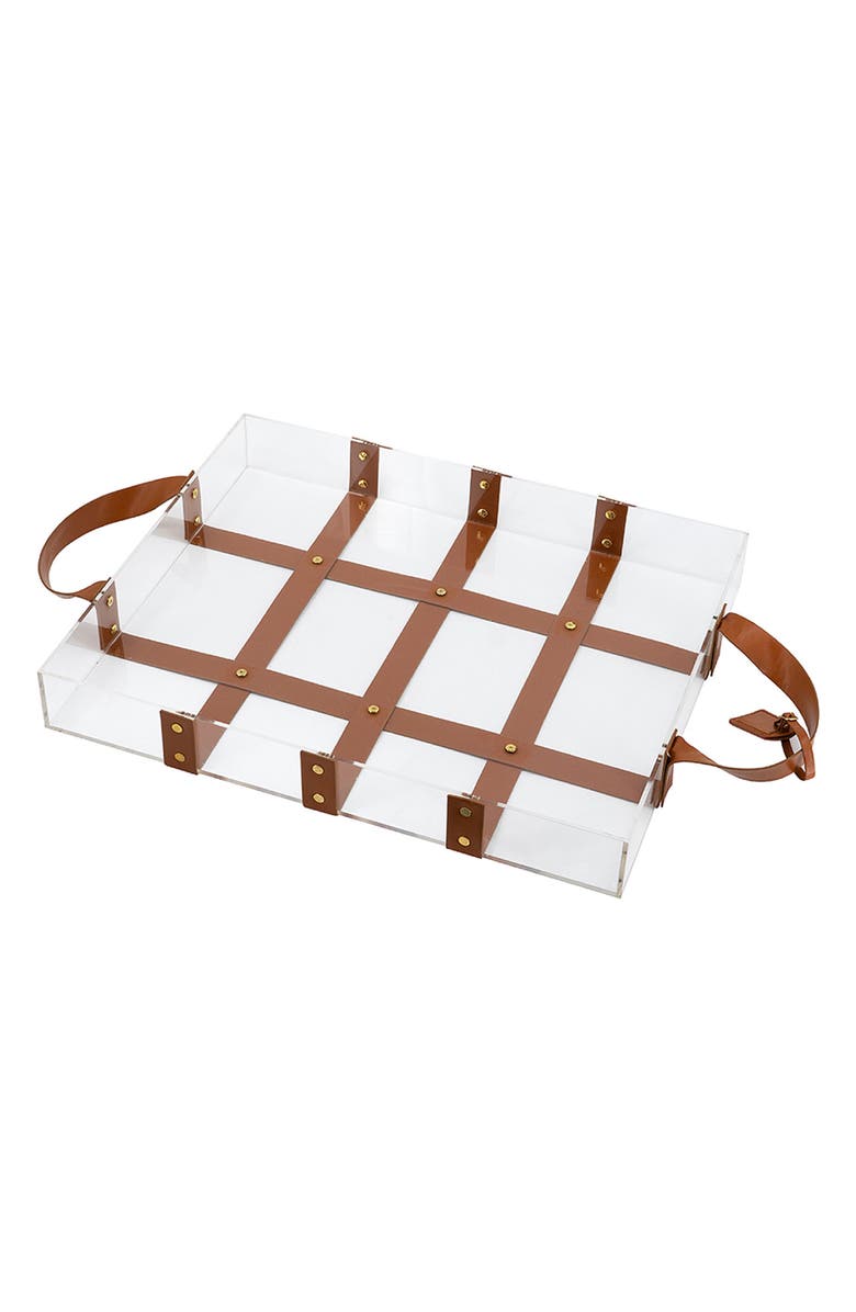 R16 HOME Leather Stray Acrylic Tray, Main, color, Clear/ Brown