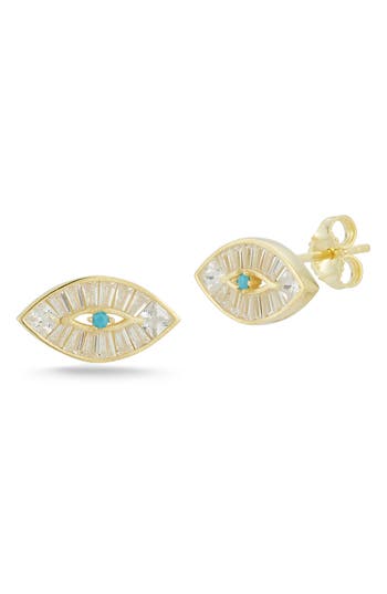 Sphera Milano 14k Over Silver Synthetic Turquoise Cz Evil Eye Earrings In Gold