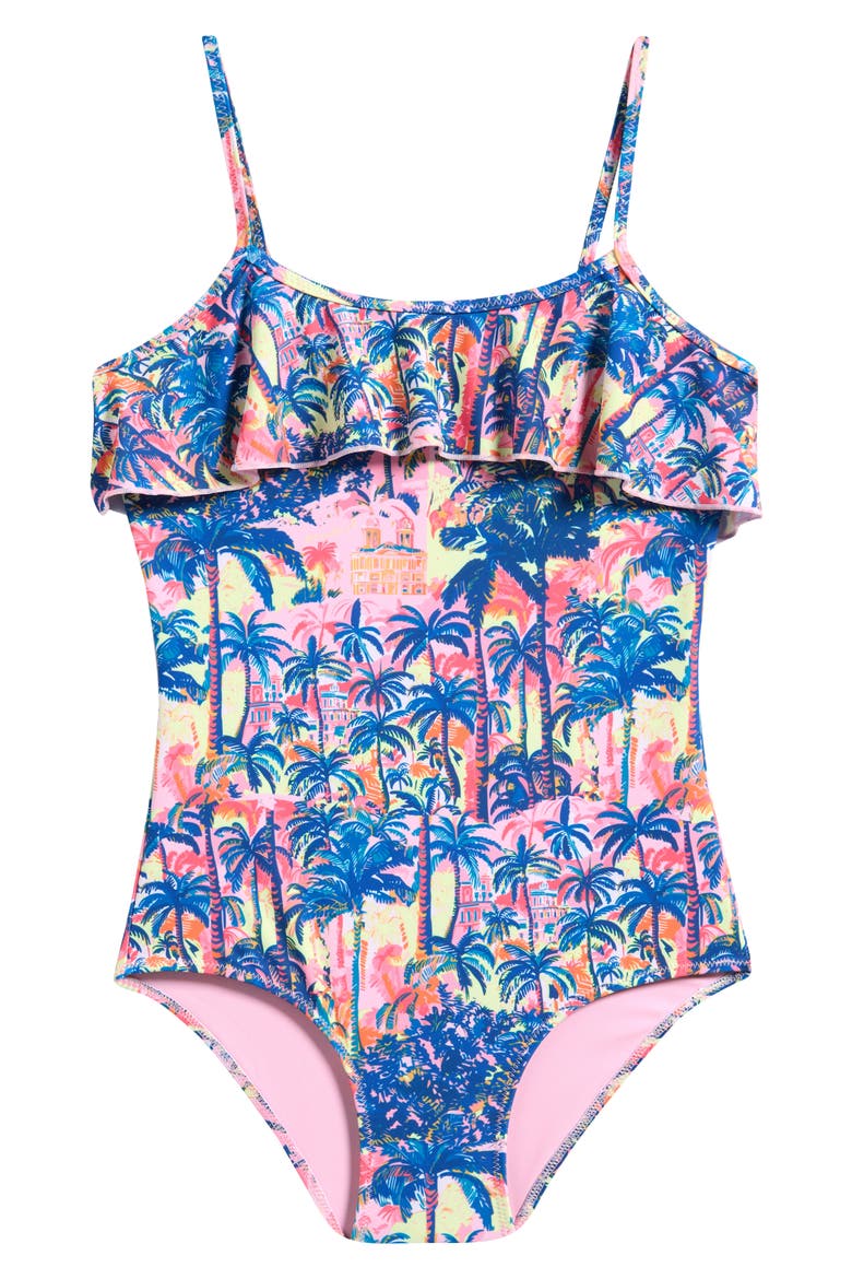 Kids' Ruffle One-Piece Swimsuit, Main, color, BLUE MULTI