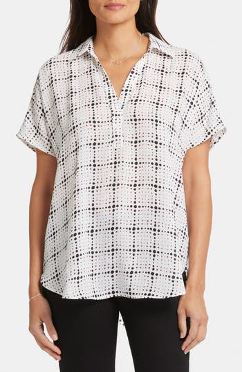 Nydj Becky Leaf Print Split Neck Woven Top In Blue