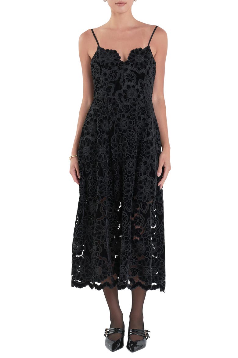 Velvet Lace Midi Dress, Main, color, BLACK