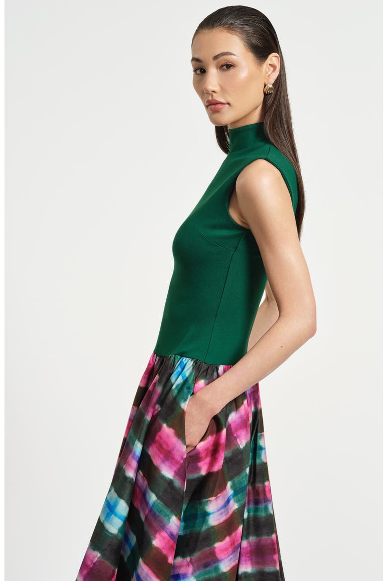 Sleeveless Ponte & Satin Midi Dress, Alternate, color, WATERCOLOR TARTAN
