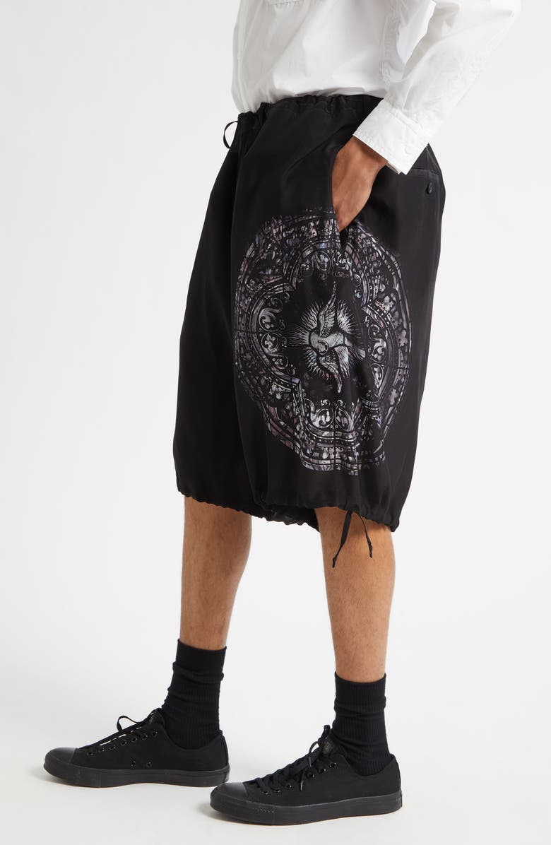 Yohji Yamamoto Asymmetric Print Silk Shorts, Alternate, color, Black