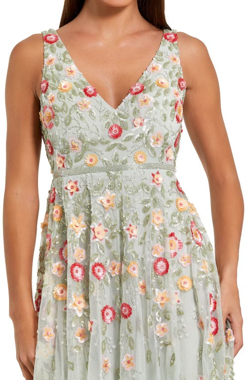 Mac Duggal Floral Embellished V-neck Midi Dress In Sage Multi