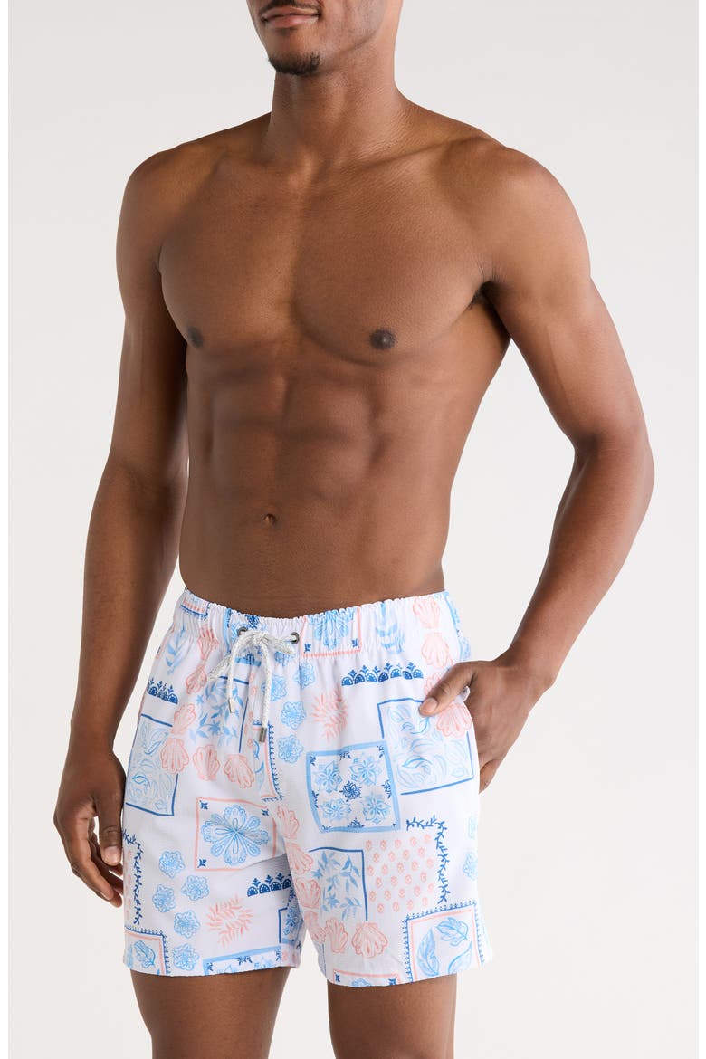 Seersucker Shell Print Volley Swim Trunks, Main, color, WHITE