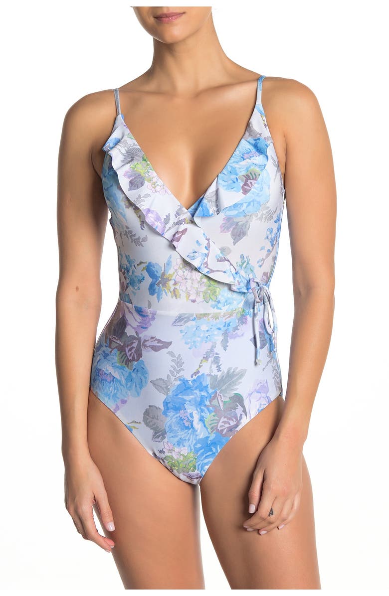 Becca Vintage Floral Ruffle One-Piece Swimsuit, Main, color, 
