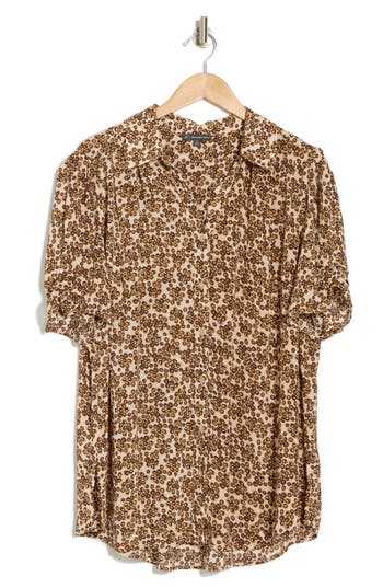 ADRIANNA PAPELL ADRIANNA PAPELL SCRUNCHED SHORT SLEEVE BUTTON-UP SHIRT