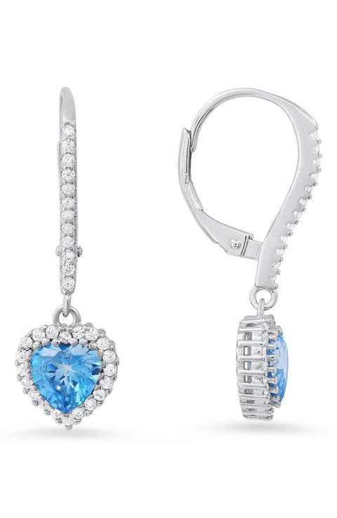 Sterling Silver Cubic Zirconia Halo Birthstone Heart Drop Earrings