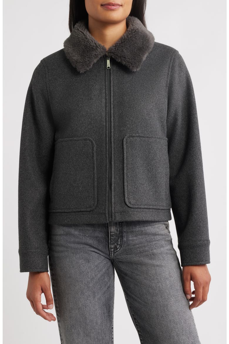 Faux Fur Collar Zip-Up Jacket, Main, color, CHARCOAL