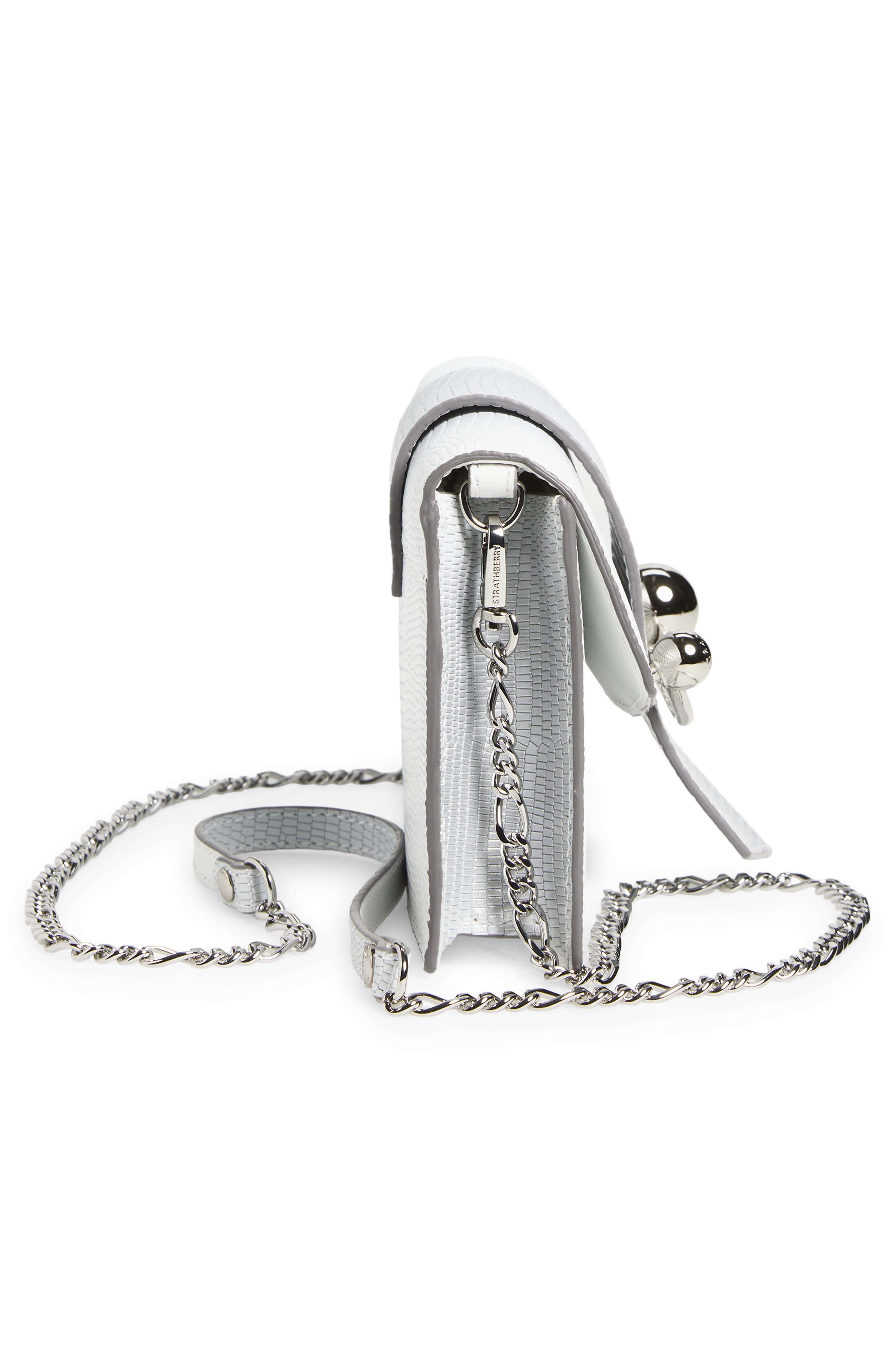 Strathberry Crescent Lizard Embossed Handbag on a Chain, Alternate, color, Silver