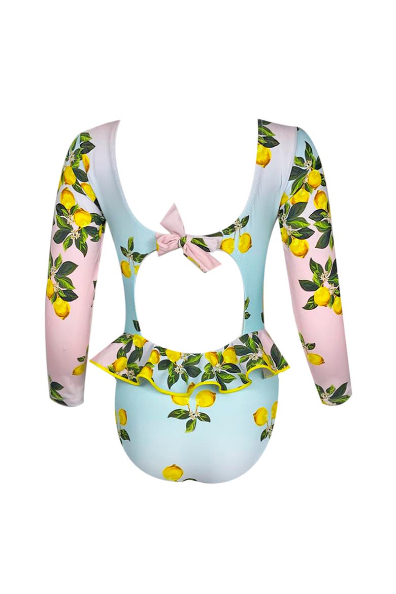 Multicolor Lemon Print Long Sleeve One-Piece Rashguard Swimsuit, Little Kid-Big Kid, Alternate, color, Multicolor