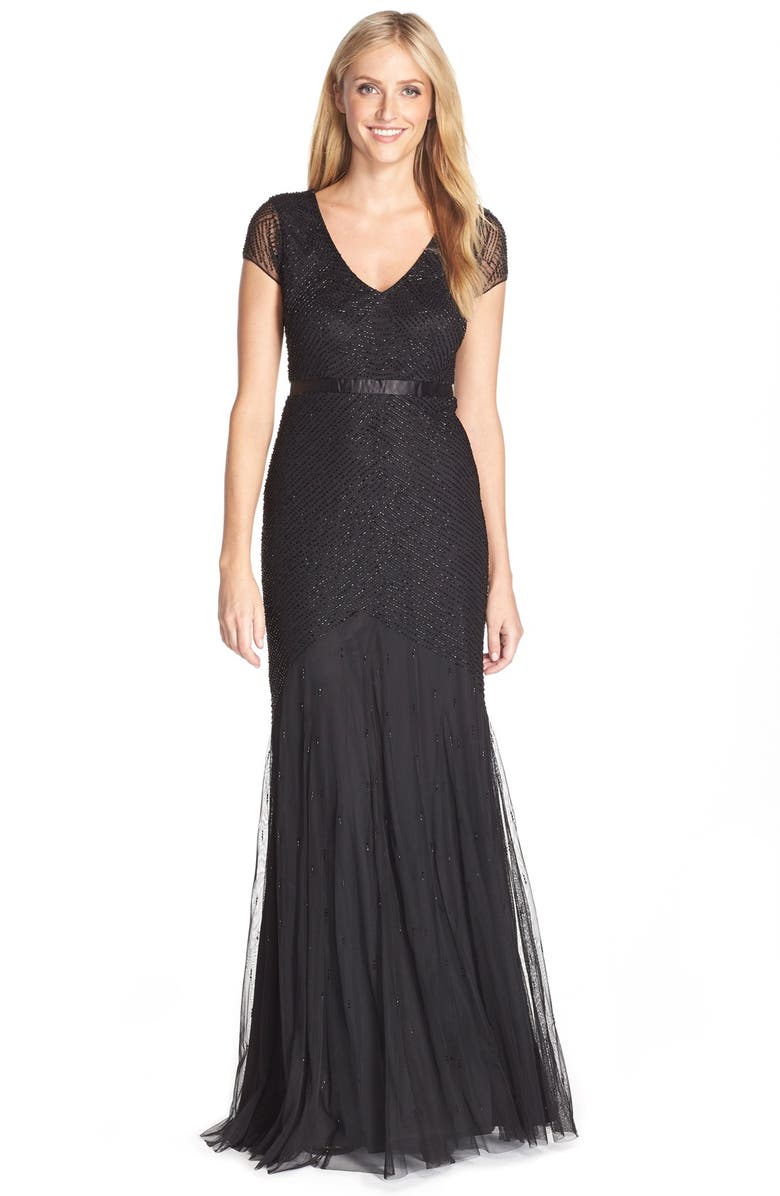 Adrianna Papell Beaded Mesh Gown, Main, color, 
