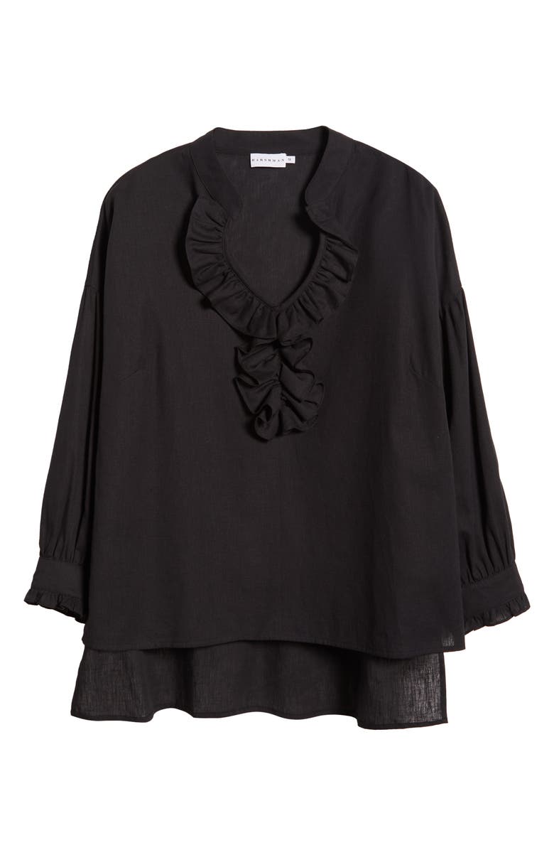 HARSHMAN Cordelia Ruffle Cotton & Linen Top, Alternate, color, Black