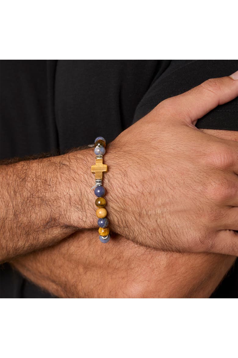 Sodalite Bead Stretch Bracelets with Cross Accents, Alternate, color, Blue, brown