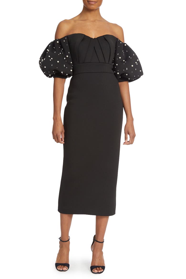 Imitation Pearl Off the Shoulder Sheath Midi Dress, Main, color, BLACK WHITE