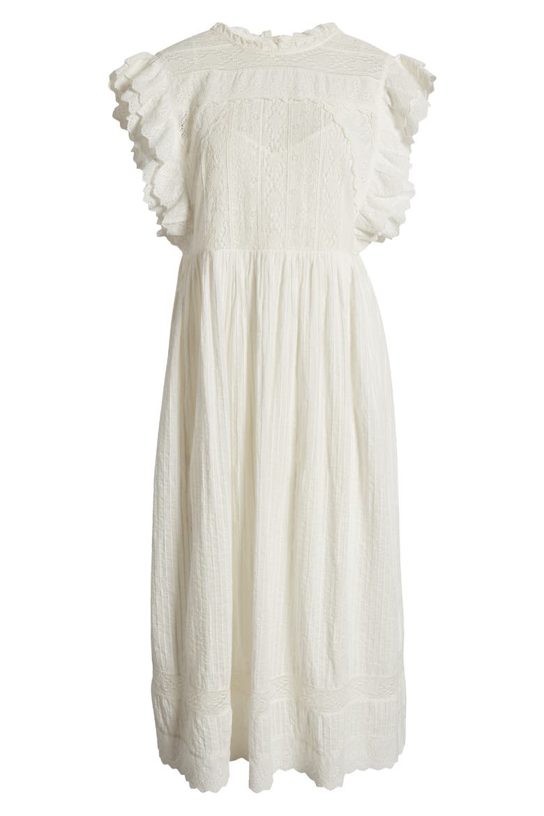 The Trellis Lace & Ruffle Midi Dress, Alternate, color, WHITE