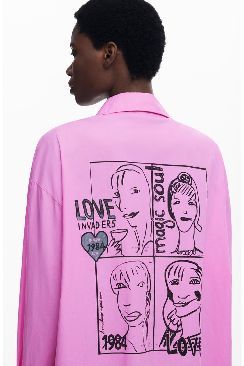 Graphic Oversize Cotton Button-Up Shirt, Alternate, color, PINK