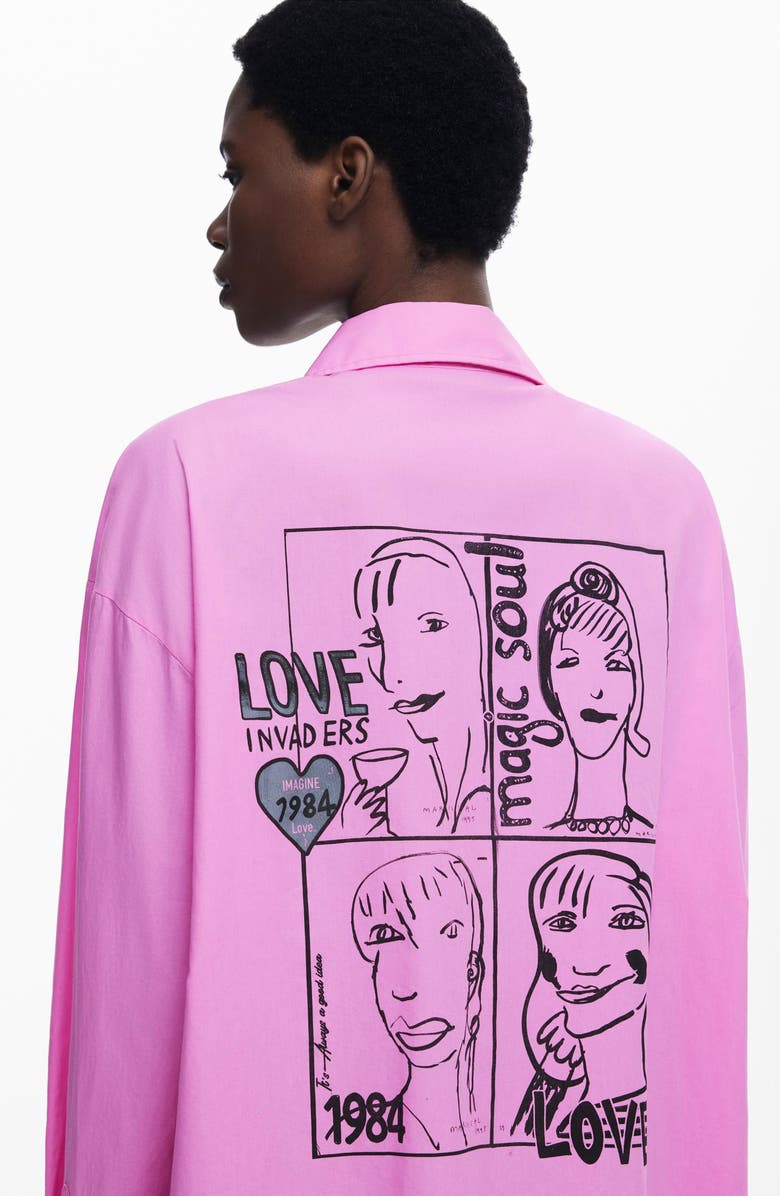 Desigual Graphic Oversize Cotton Button-Up Shirt, Alternate, color, Pink