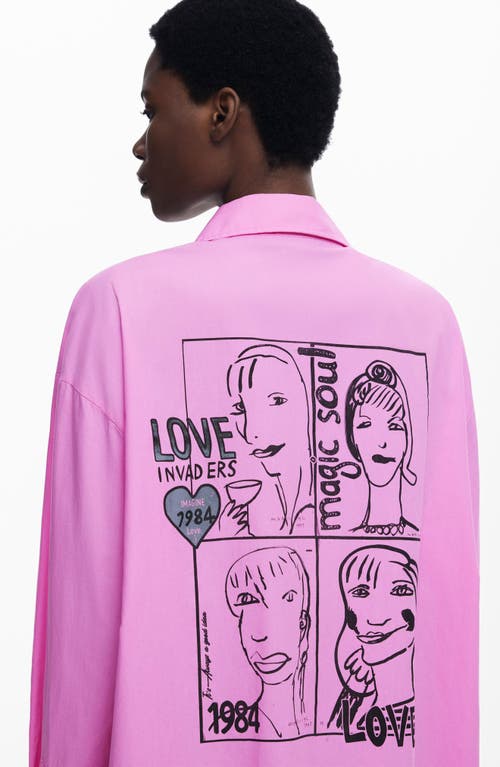 Desigual Graphic Oversize Cotton Button-up Shirt In Pink