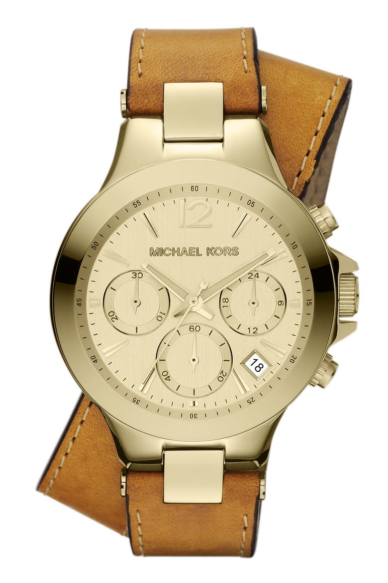 Michael Kors 'Peyton' Double Wrap Leather Strap Watch, Main, color, GOLD/ LUGGAGE