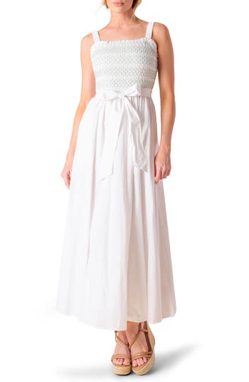 Flying Tomato Color Smocked Cotton Maxi Dress In White
