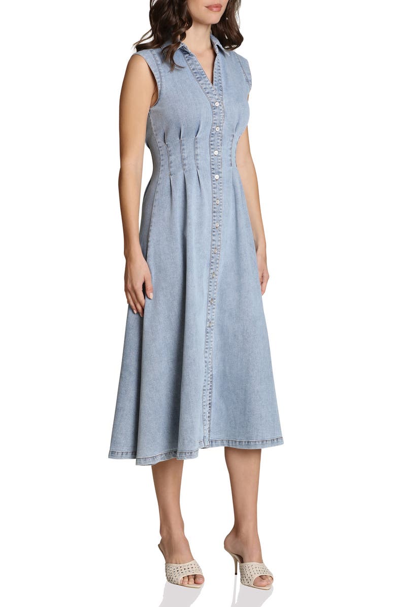 Avec Les Filles Pleated Denim Midi Dress, Alternate, color, White Blue Wash