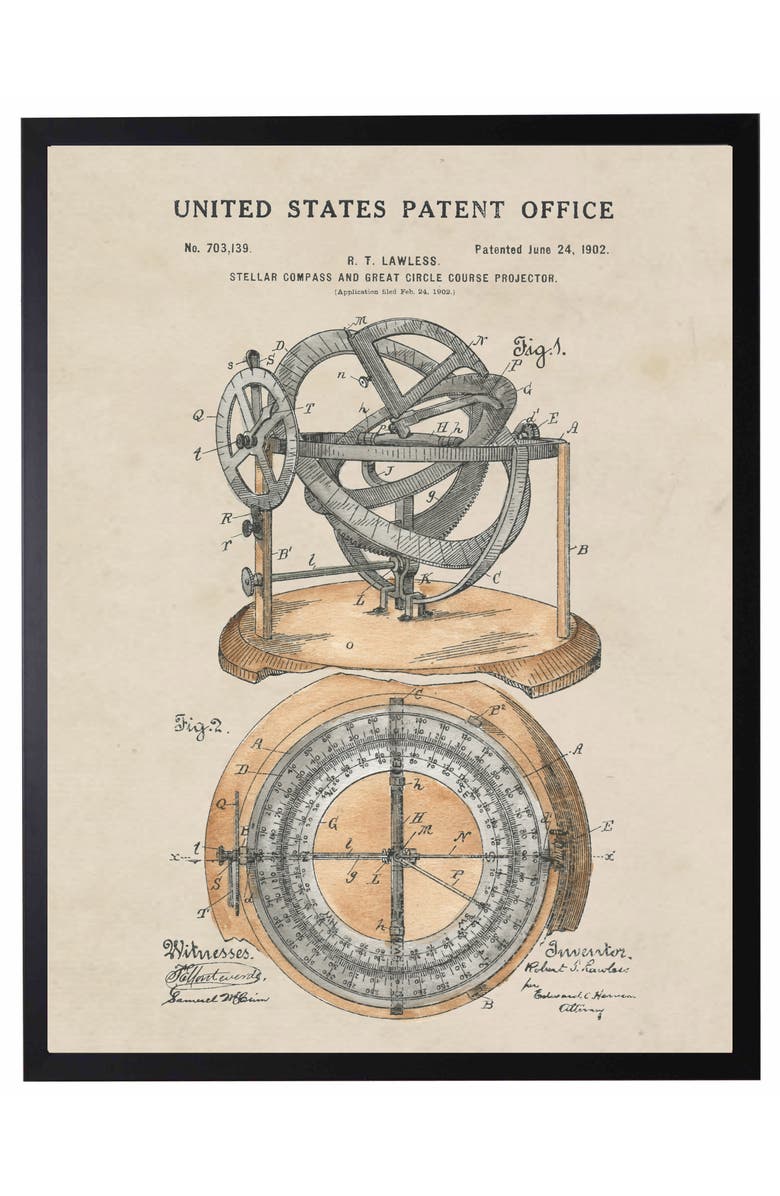 Antique Curiosities Compass Patent in Black Frame, Main, color, NO COLOR