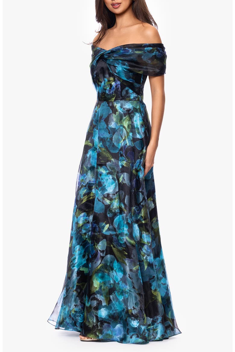 Floral Print Organza Off the Shoulder Gown, Alternate, color, BLACK/ TEAL