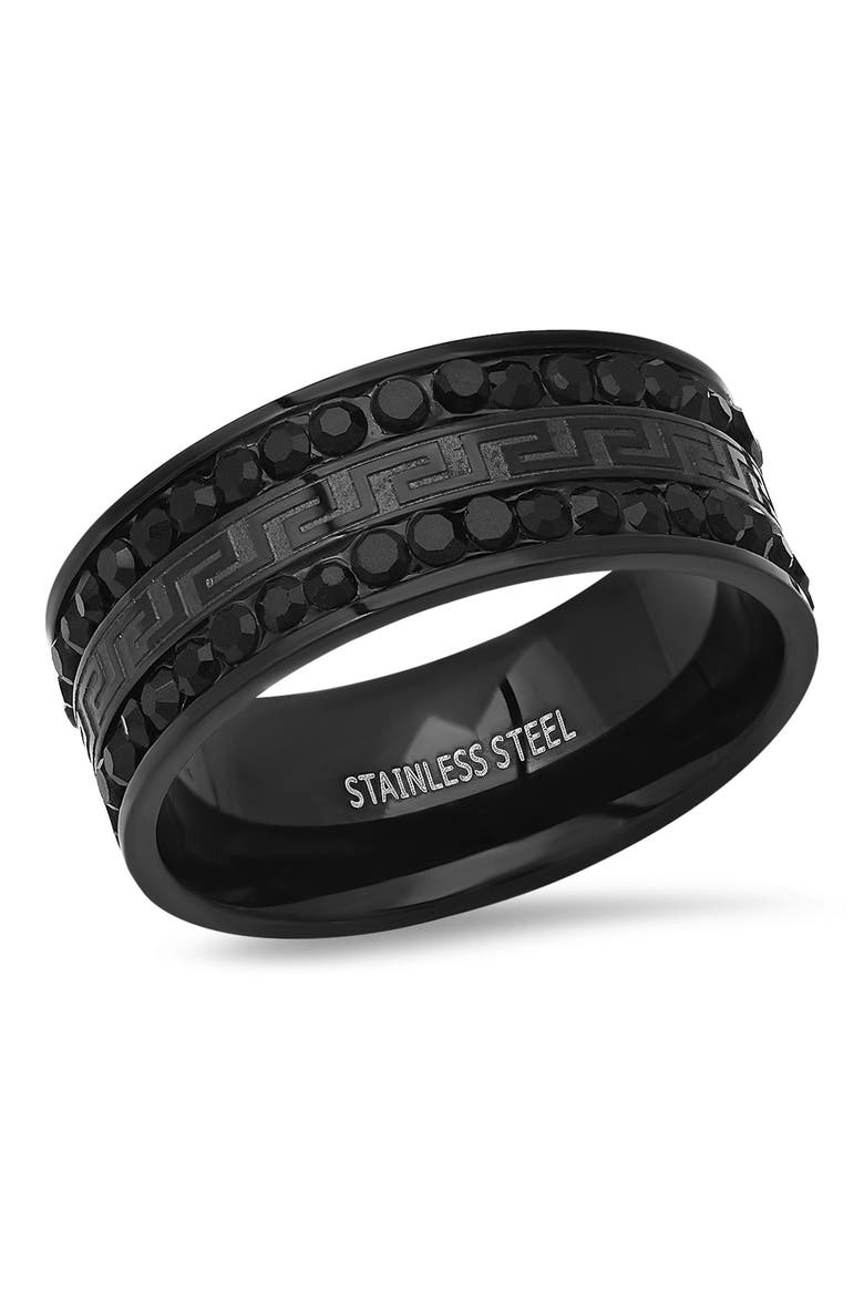 Stainless Steel Black Cubic Zirconia Greek Key Stone Band Ring, Main, color, BLACK