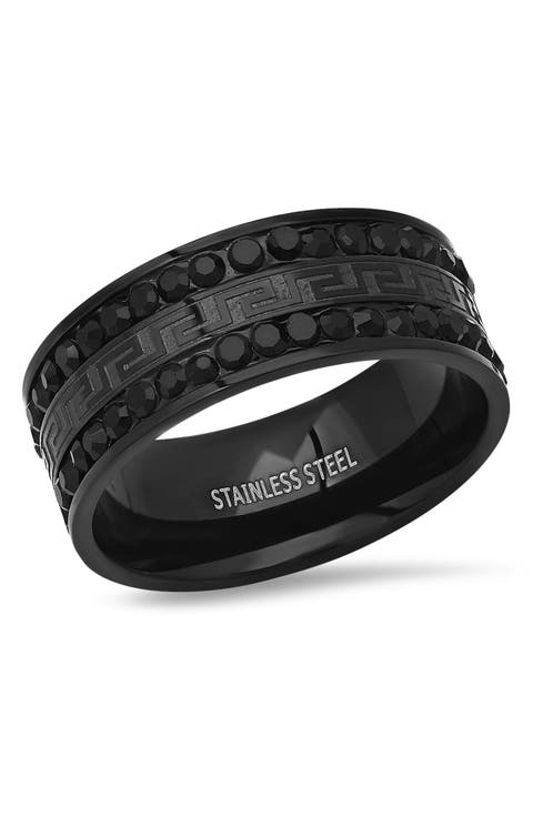 Stainless Steel Black Cubic Zirconia Greek Key Stone Band Ring