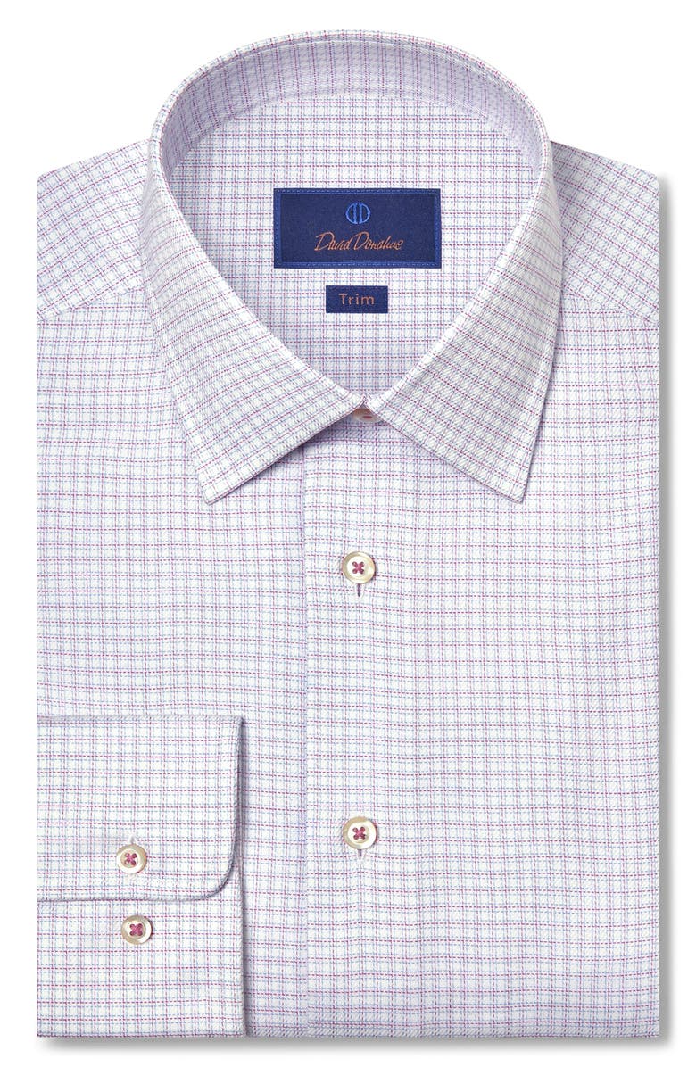 David Donahue Trim Fit Stretch Cotton Twill Dress Shirt, Main, color, White/Berry