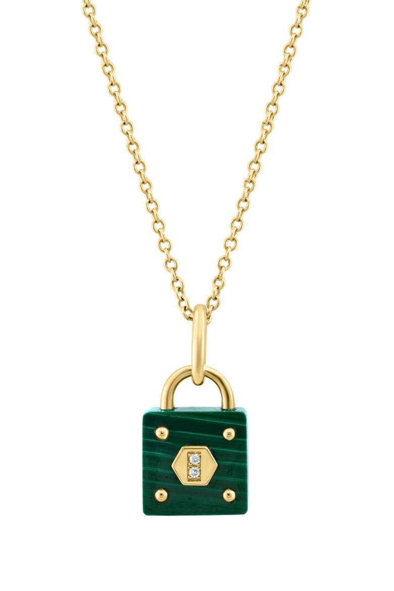 Malachite & Diamond Lock Pendant Necklace - 0.01ct., Main, color, GREEN