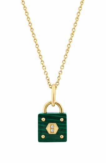 Malachite & Diamond Lock Pendant Necklace - 0.01ct.