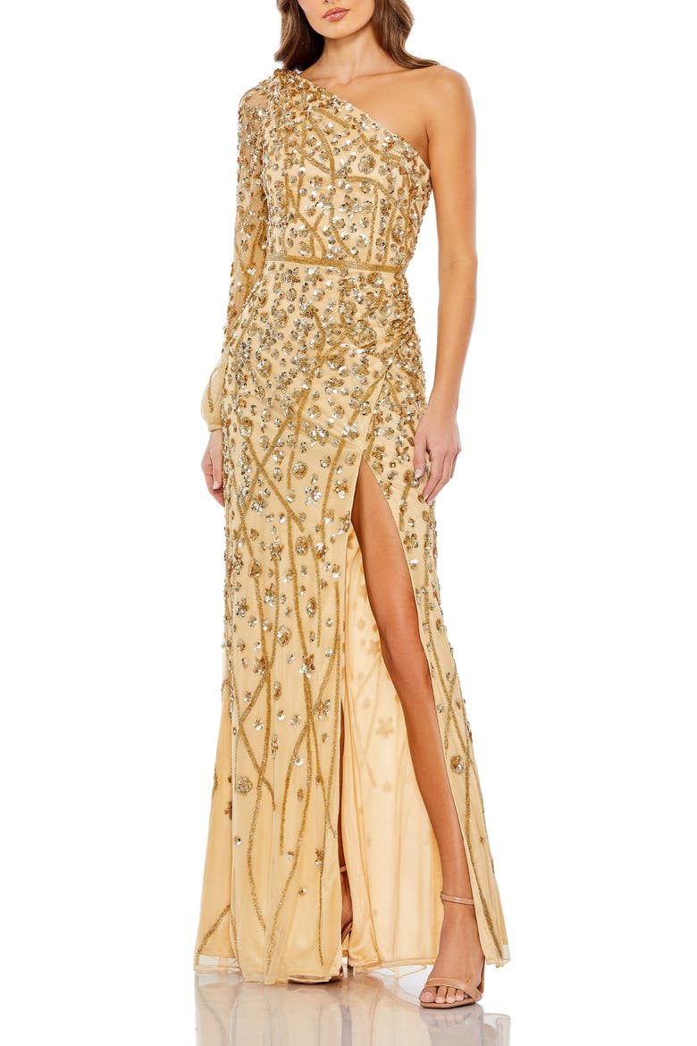 Embellished One Sleeve Faux Wrap Gown, Main, color, Gold