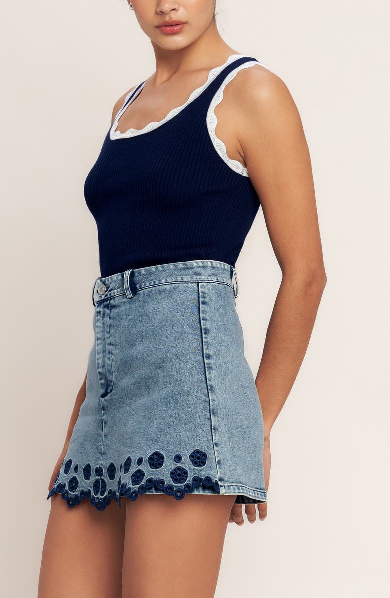 FLYING TOMATO Embroidered Denim Miniskort, Alternate, color, 