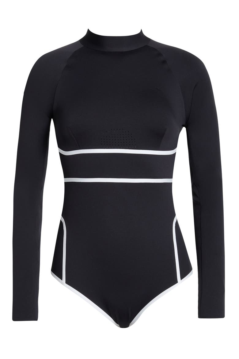 Mirage Fusion Long Sleeve UPF 50+ One-Piece Rashguard Swimsuit, Alternate, color, BLACK