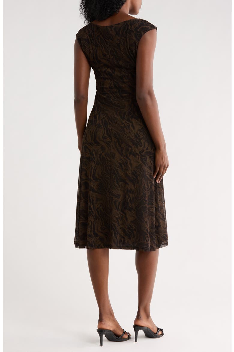 Marbleized Print Shirred Waist Mesh Midi Dress, Alternate, color, BRONZE