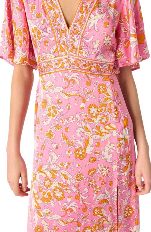Maje Ritalen Butterfly-sleeve Midi Dress In Orange Pink Flowers Print