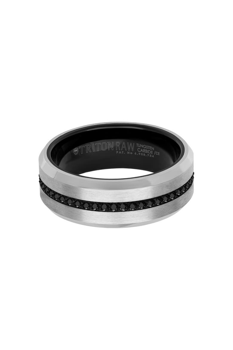 8MM Tungsten Carbide Ring with Eternity Black Sapphires and Beveled Edge, Main, color, Metallic Silver